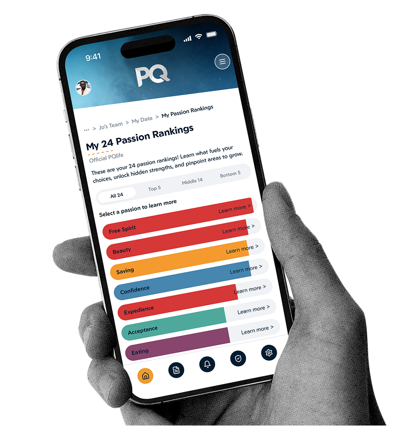 Hand holding a phone showing the PQlife Passion Rankings
