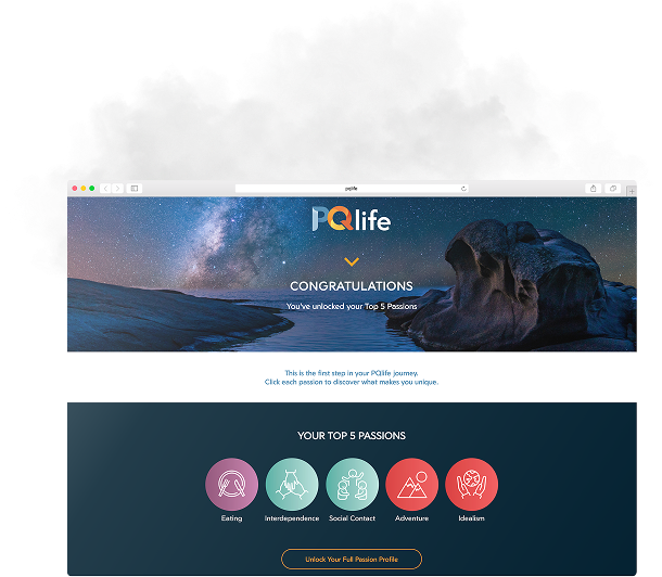 PQlife congratulations screen showing Top 5 Passions