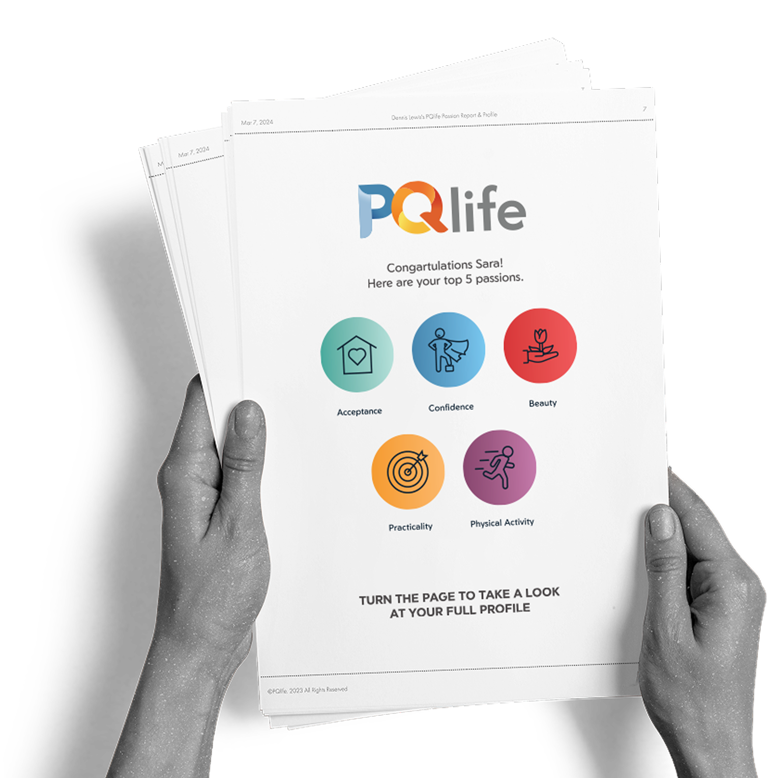 Hands holding a printed PQlife Passion Profile report
